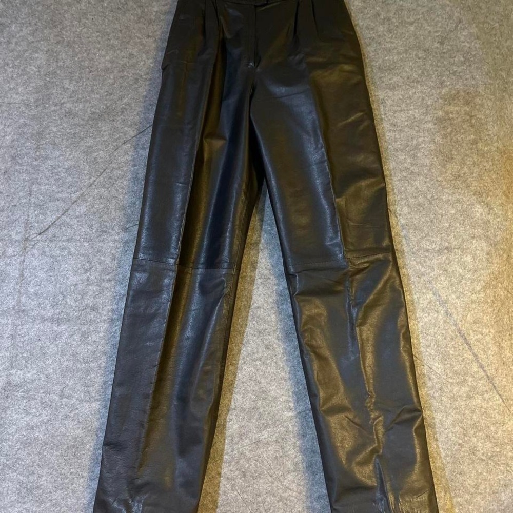 Vintage Genuine Leather High Waisted Pleated Straight Leg Pants Black 26 Waist